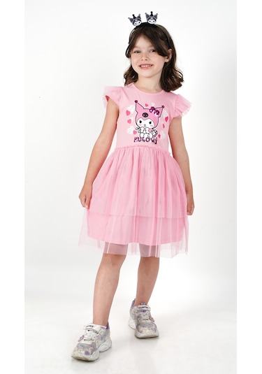 Kuromi Pembe Tül Detaylı Kısa Kollu Kız Çocuk Elbisesi Pembe