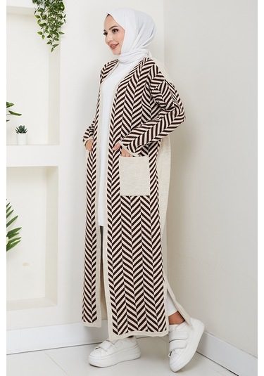 Çizgi Detaylı Triko Hırka 1604 - Kahve Kahve