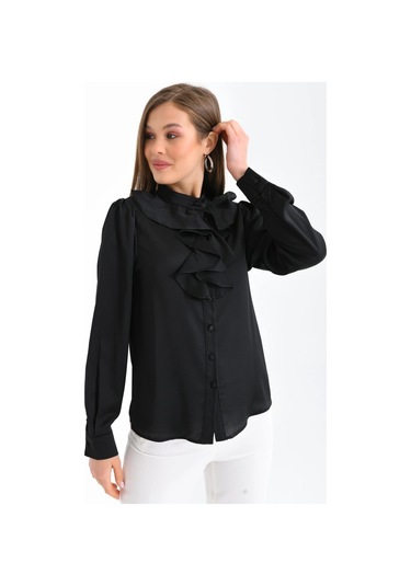 Kadın Siyah Hafif Dökümlü Volanlı Yaka Saten Gömlek 001