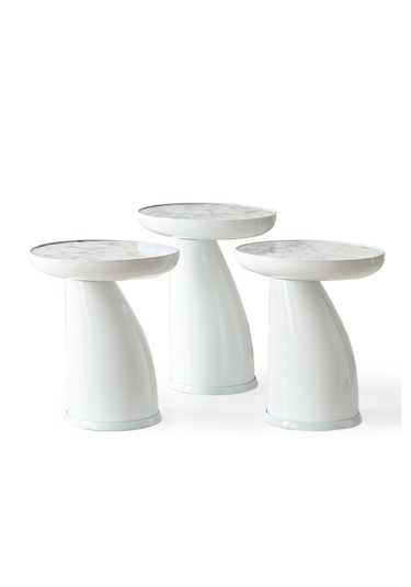 Elips 3'lü Sehpa, Yan Sehpa, Zigon Sehpa - Beyaz & Beyaz Mermer Desenli Tabla Beyaz Gövde & Beyaz Mermer Desenli Tabla