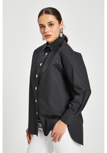 Kadın %100 Koton Oversize Gömlek Taş Düğme Detaylı Uzun Kollu Şık Model Siyah