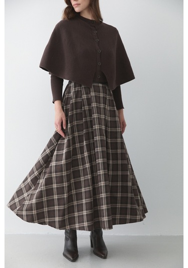 Kahverengi Deri Şeritli Ekoseli Etek - 4977 Kahverengi