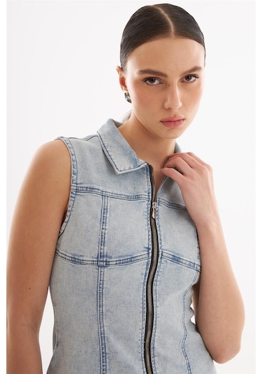 Fermuarlı Mini Denim Elbise Açık Mavi