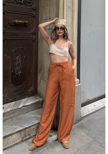 Pembe Keten Karışımlı Bol Kesim Pantolon Kiremit