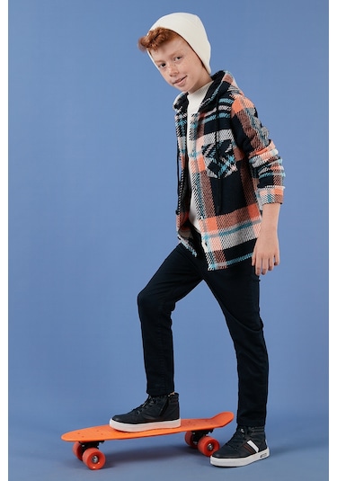Lela Kapüşonlu Çift Cepli Ekoseli Kışlık Oduncu Erkek Çocuk Gömlek Cf24W81781 Lacivert-Turuncu