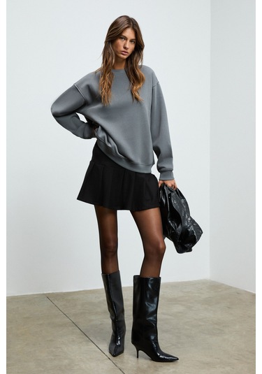 Grımelange Karıus Kadın Organik Pamuklu İçi Polarlı Oversize Yuvarlak Yakalı Gri Sweatshirt Gri