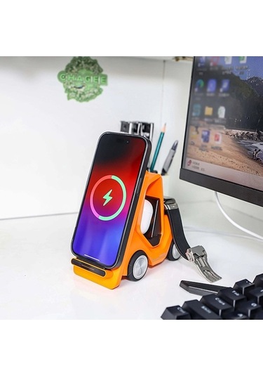 Rogfer T20s 3'ü 1 Arada 15w Led Atmosfer Işıklı Küçük Forklift Şekilli Masaüstü Kablosuz Şarj Cihazı Turuncu