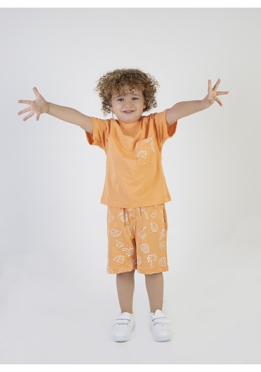 Erkek Çocuk Palmiye Baskılı Turuncu Renk Kısa Kollu Şortlu Alt Üst Takım 001