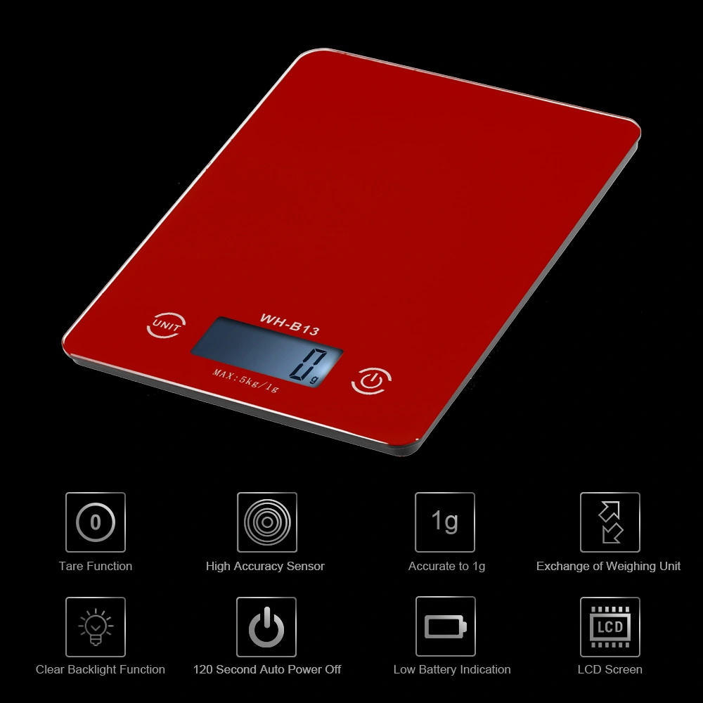 Geeroyoo Kırılmaz Cam Dokunmatik Ekranlı Mutfak Terazi - 5kg Hassasiyetli, Lcd Arka Işıklı, Çeşitli Birimler, Otomatik Kapatma, Kırmızı Kırmızı