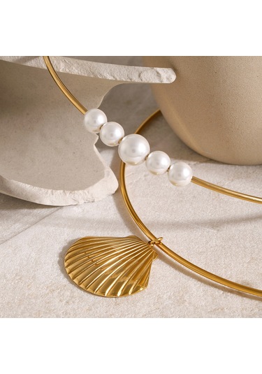 18 Ayar Altın Paslanmaz Çelik Okyanus Kabuğu Kolye Ucu Fransız Zarif Retro Şık Yüksek Kaliteli İnci Titanyum Çelik Kolye Diğer