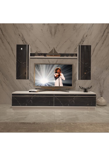 Decoraktiv Eko 5db Mdf Std Tv Ünitesi Tv Sehpası Beyaz - Siyah Mermer