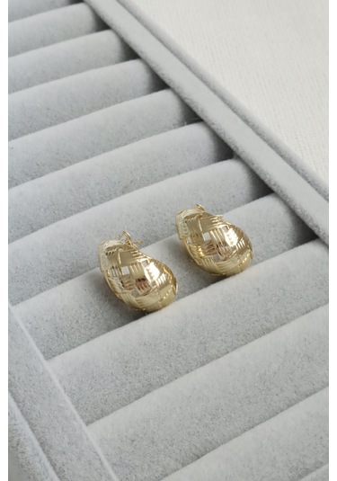 Kadın Küpe Kararmaz 14k Renk Vip Seri Ekose Desen Damla Model 2cm Küpe Altın