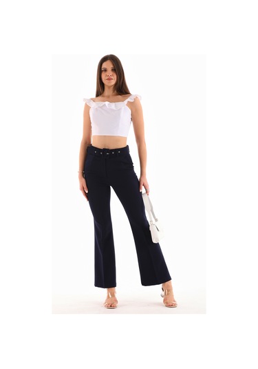 Kemerli Fermuarlı Yanlardan Cepli Geniş Paça Dabıl Kumaş Laciver Lacivert