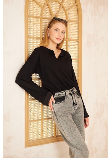 Kadın Ekstra Uzun Duble Kol / Yakası Yırtmaçlı Salaş Sweatshirt Bluz 3470190 Siyah