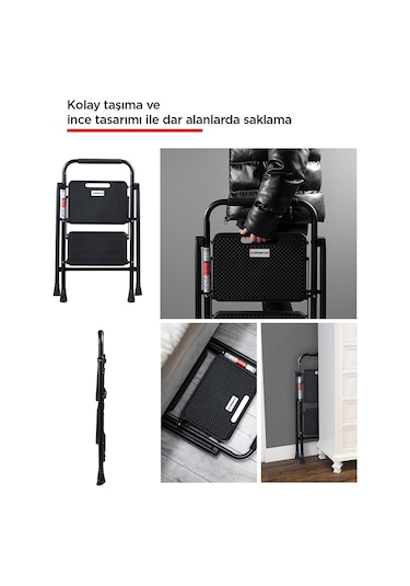 Perilla 51402 Stepla Geniş 2 Basamaklı Katlanır Merdiven Eurotower Siyah 2 Basamaklı