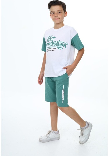 Erkek Çocuk Kısa Kollu Yazı Baskılı Şortlu Takım-5887-Yeşil