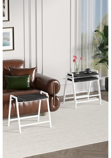 Zigon Sehpa , Aden 3'lü Tepsi Zigon Sehpa Takımı Beyaz Metal - Siyah Mermer Tabla Beyaz-siyah Mermer