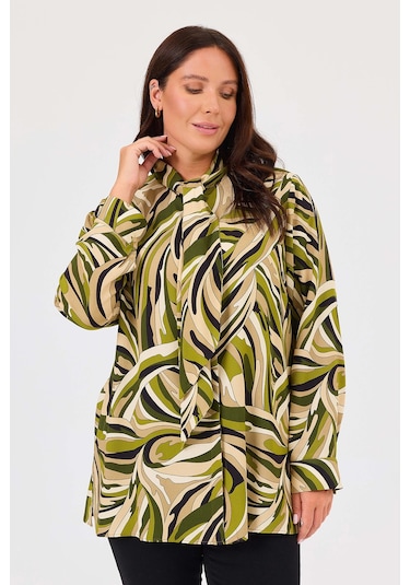 Galaxi Kadın Büyük Beden Fular Yakalı Desenli Gömlek 4013 Yeşil