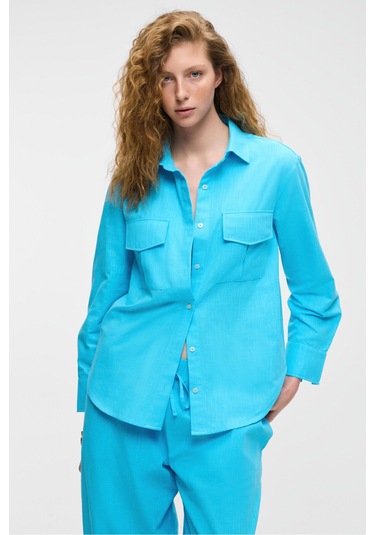 RIGO Kadın Gömlek Yaka Uzun Kol Regular Uzun İnce Mavi Gömlek