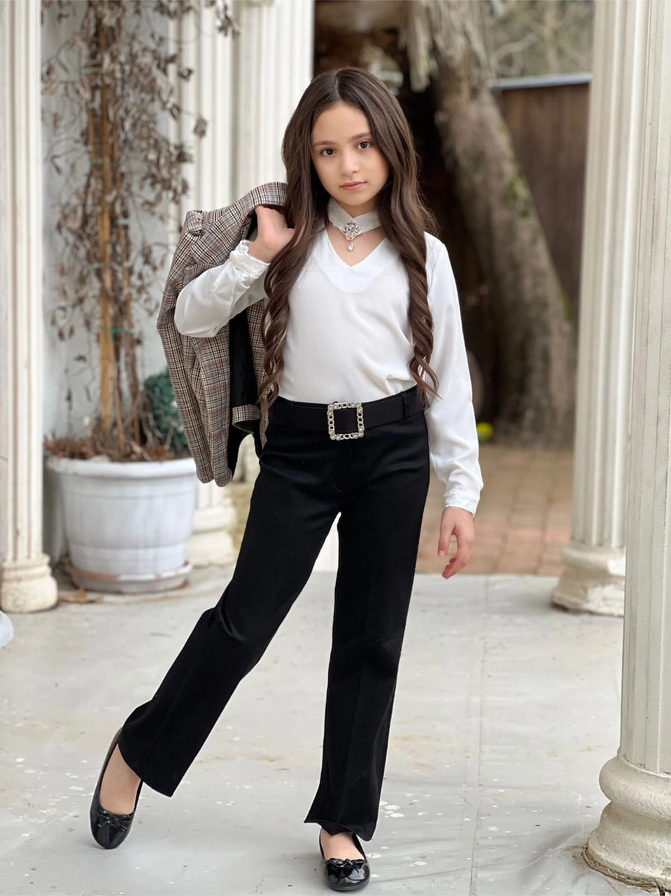 Uğurböceğiçocuk Astarlı Ekose Ceket Broşlu Gömlek Pantolon Kemer 4'lü Kız Çocuk Takım Siyah