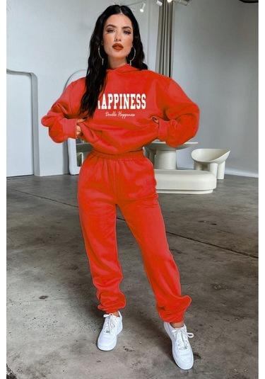 Happiness Eşofman Takımı Sweatshirt Jogger - Kırmızı Baskılı Oversize Şardonlu Kapüşonlu Bordo