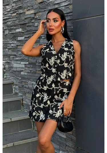 Nakışlı Yelek Şort Etekli Keten Takım 10226-08 Si Yah