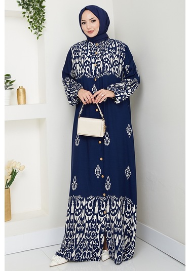Çilay Düğmeli Dokuma Viskon Elbise 1561 - Lacivert Lacivert