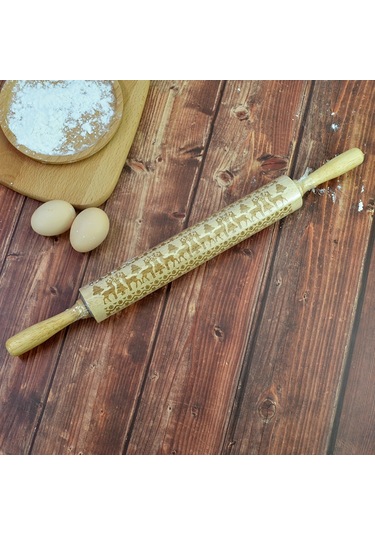 Yifomall Geniş Boy 43cm Kauçuk Ağacı Un Çubuğu, Noel Geyiği Desenli Gravürlü, Hamur Yoğurma, Manti Ve Pasta İçin Hamur Sıvama Aleti