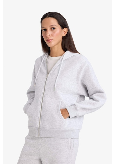 Defacto - Relax Fit Kapüşonlu Basıc Kalın Fermuarlı Sweatshirt C1809AX26SP Gri