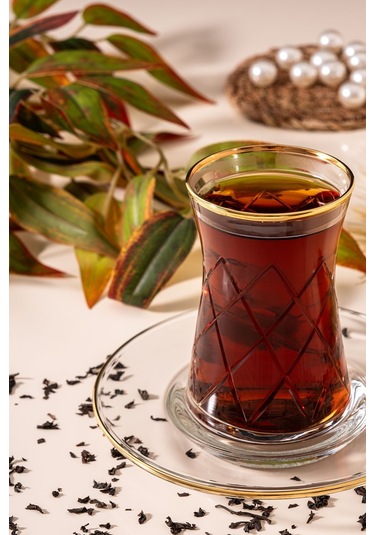 Mest 12 Parça Yaldızlı Cam Çay Bardağı Seti - Zarif Ve Şık Gold