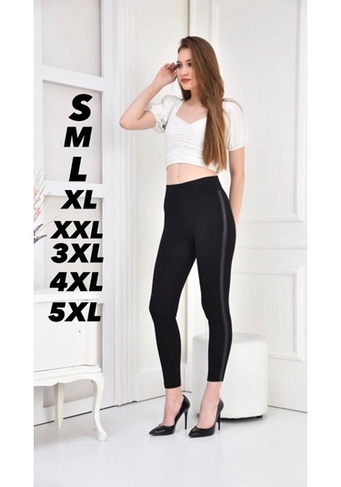 Kadın Siyah Toparlayıcı Tek Deri Şerit Günlük Yüksek Bel Tayt Siyah