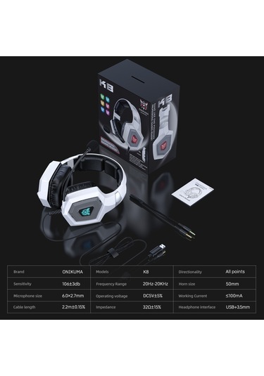 K8 Kablolu E-spor Oyuncu Kulaklığı 50mm Sürücü Ünitesi Bükülebilir Mikrofon Led Işık Efekti Beyaz