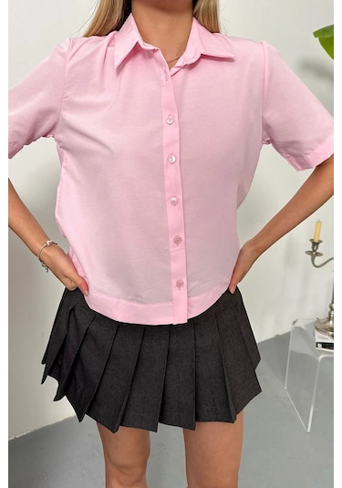 Jee Lee Kadın Kısa Kollu Pamuklu Basic Gömlek Pembe - 26y 2127 Pembe