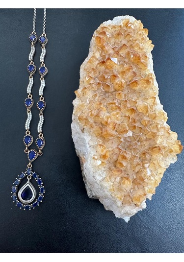 Otantik Safir ve Zirkon Taşlı Gümüş Kolye 925 Ayar 22,55 Gram
