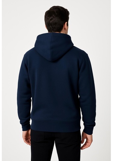 Axxel Erkek Lacivert Fermuarlı Kapüşonlu Sweatshirt-w590 Lacivert 3 İplik Şardonlu