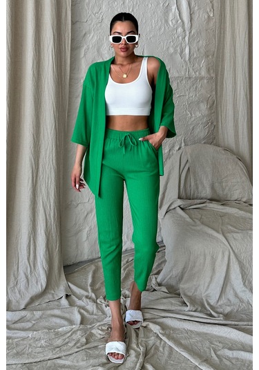 Modagen Kadın Yeşil Kimono Alt Üst Havuç Pantolon Takım Yeşil