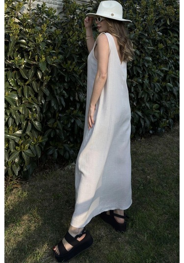 Kadın Bej Askılı İthal Müslin Kumaş, Önü Ve Arkası V Yaka, Önden Yırtmaçlı, Maksi/uzun Salaş Elbise Taş