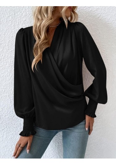 Modasize Kadın Uzun Kollu Dökümlü Kruvaze Yaka Kol Ucu Gipeli Sandy Bluz Siyah