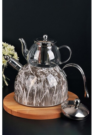 Nishev Mermer Düdüklü Çelik Cam Çaydanlık Takımı Açık Gri Gri