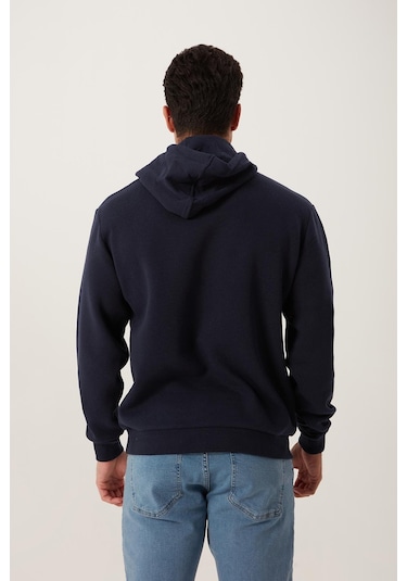 Erkek Kapüşonlu Kanguru Cep 3 İplik Sweatshirt Lacivert