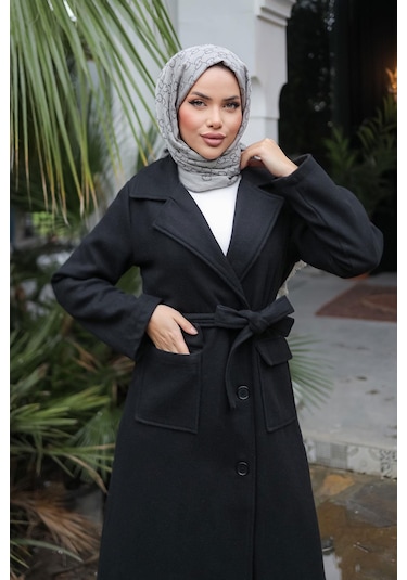Kapak Detaylı Kaşe Kaban Siyah Siyah