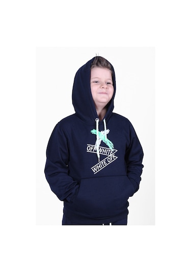 X Baskılı Kanguru Cepli Kapüşonlu Erkek Çocuk Lacivert Sweatshirt Lacivert