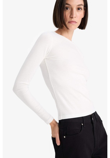 Defacto Slim Fit Dar Kesim Basic Düz Fitilli Kaşkorse Uzun Kollu Tişört E5767ax25auer105 Ekru