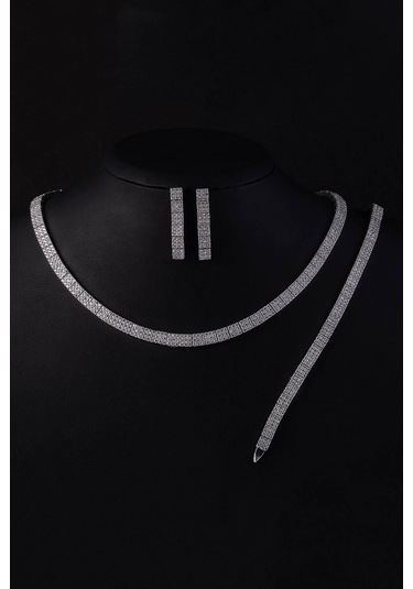 Gümüş Pazarım Beyaz Altın Kaplama 3 Sıra Su Yolu 925 Ayar Gümüş Düğün Seti Gümüş