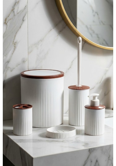 Makri Home 5 Parça Şık Beyaz Banyo Seti, Hacim: 6 Litre Beyaz