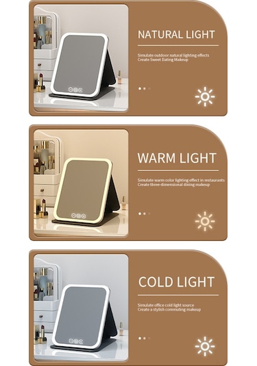 Geeroyoo Usb Şarjlı Led Makyaj Aynası - Üç Renk Işık, Dokunmatik Dimmer, Folding Tasarım, Taşınabilir, Yüksek Kaliteli Cam - Pembe Büyük Boy Pembe Büyük Şarjlı Üç Renkli Işık Hd Ayna Dokunmatik Ayarlı - Doğal Işık