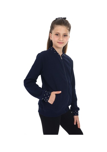 Toontoy Kız Çocuk Kolej Yaka Fermuarlı Cepli Boncuk İşlemeli Örme Hırka - 2 İplik Lacivert