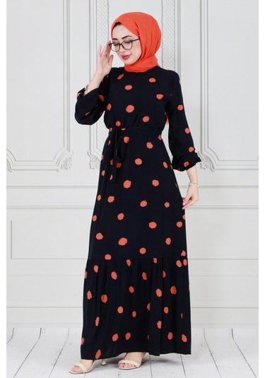 Puantiyeli Kuşaklı Tesettür Elbise-turuncu-3593-turuncu Turuncu