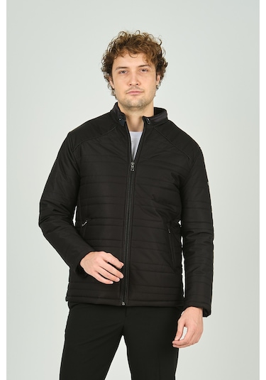 Lucas Erkek Dik Yaka Deri Biyeli Çift Cepli Mont 4707 Siyah Siyah