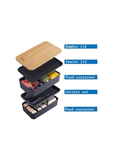 Skycity Doğu Stili Çift Katlı Bambu Kapaklı Bento Kutusu, Yemekleri Ayırır, Mikrodalga Uygun, 420g, İş/okul İçin Taşınabilir Isıtıcı Çantası Hariç Siyah